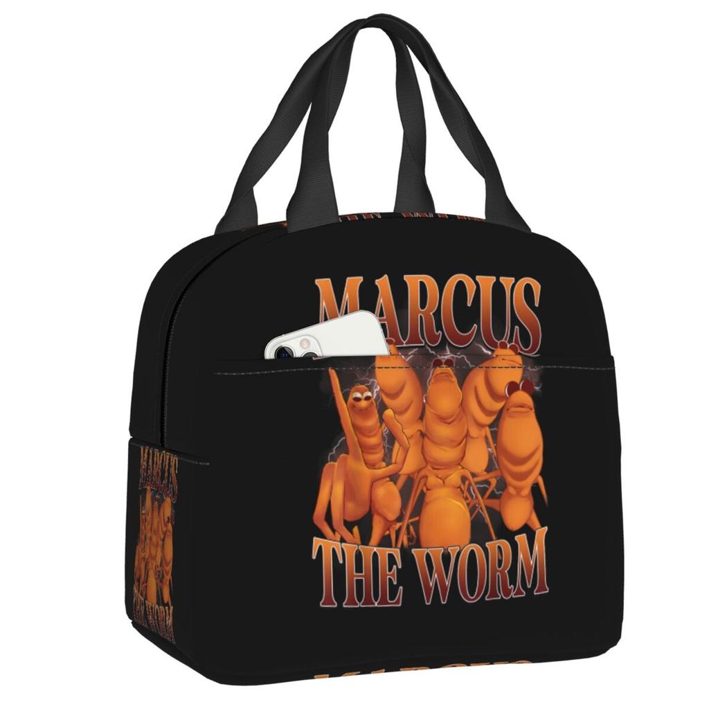Custom Marcus The Worm Robert Help Funny Meme Resuable Lunch Boxes for Women Waterproof Cooler Thermal Food Insulated Lunch Bag