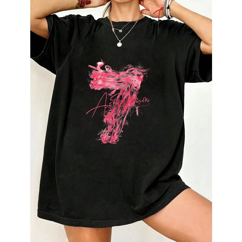 

Oversized T Shirt Black Pink Abstract Art And Text Print Casual Streetwear For Women XXXXL чёрный