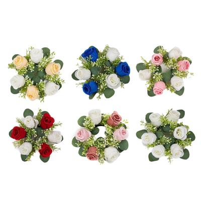 Artificial Floral Candle Wreath Small Rose Wreath Candle Holder for Valentine Day Dinner Wedding Party Decoration