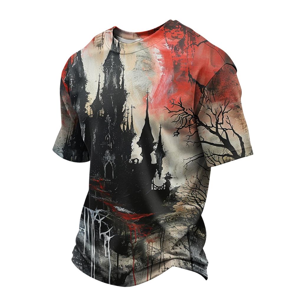 Men's Casual Printed Crew Neck Lightweight Breathable Short Sleeve Top Halloween Themed Design Comfortable Fit