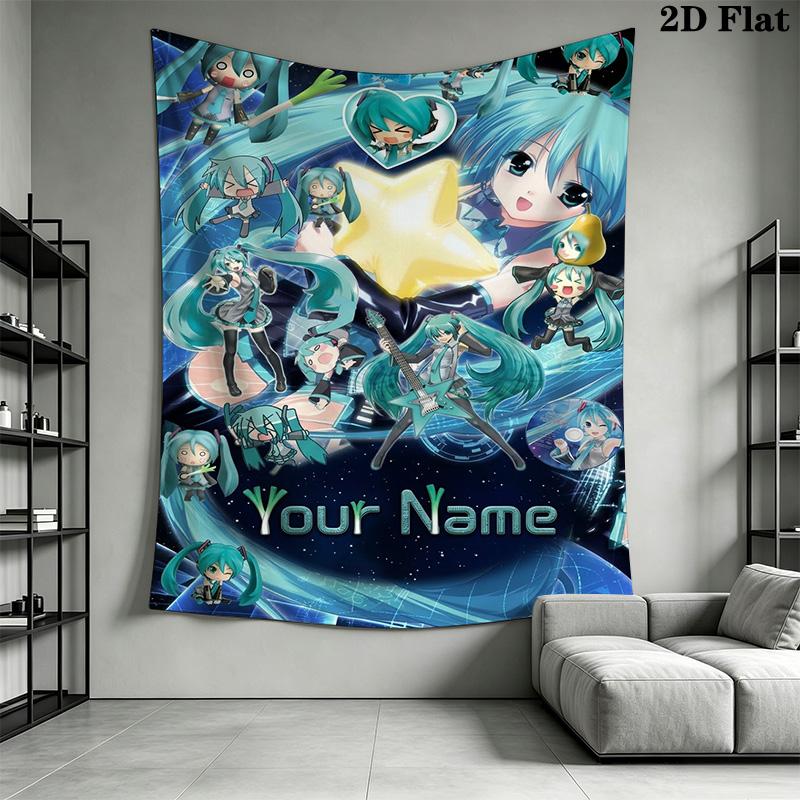 Name Benutzerdefinierte Anime Miku Wandteppich Ästhetischer Wandbehang Bedruckter Stoffdecke Dekorative Wandteppiche für Schlafzimmer Wohnzimmer Heimdekoration
