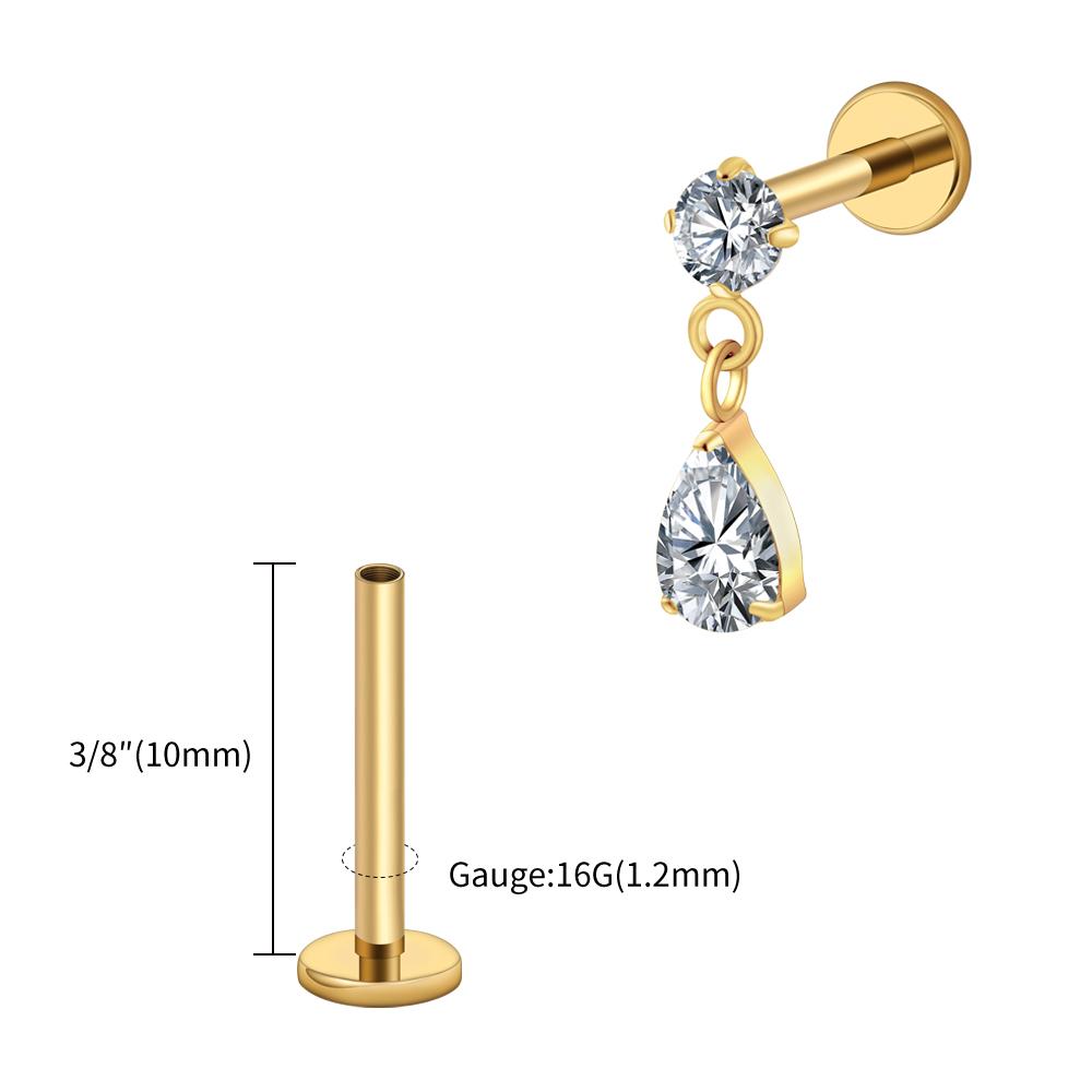 Right Grand ASTM F136 Titanium 16G Teardrop Dangle CZ Labret Stud Waterdrop Tragus Cartilage Earring Flatback Helix Piercing