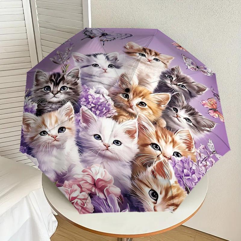 1PC Kittens Flowers Umbrella-8-Rib Reinforced Portable Folding Travel Suitable for All Seasons Outdoor Daily Use  -J0390