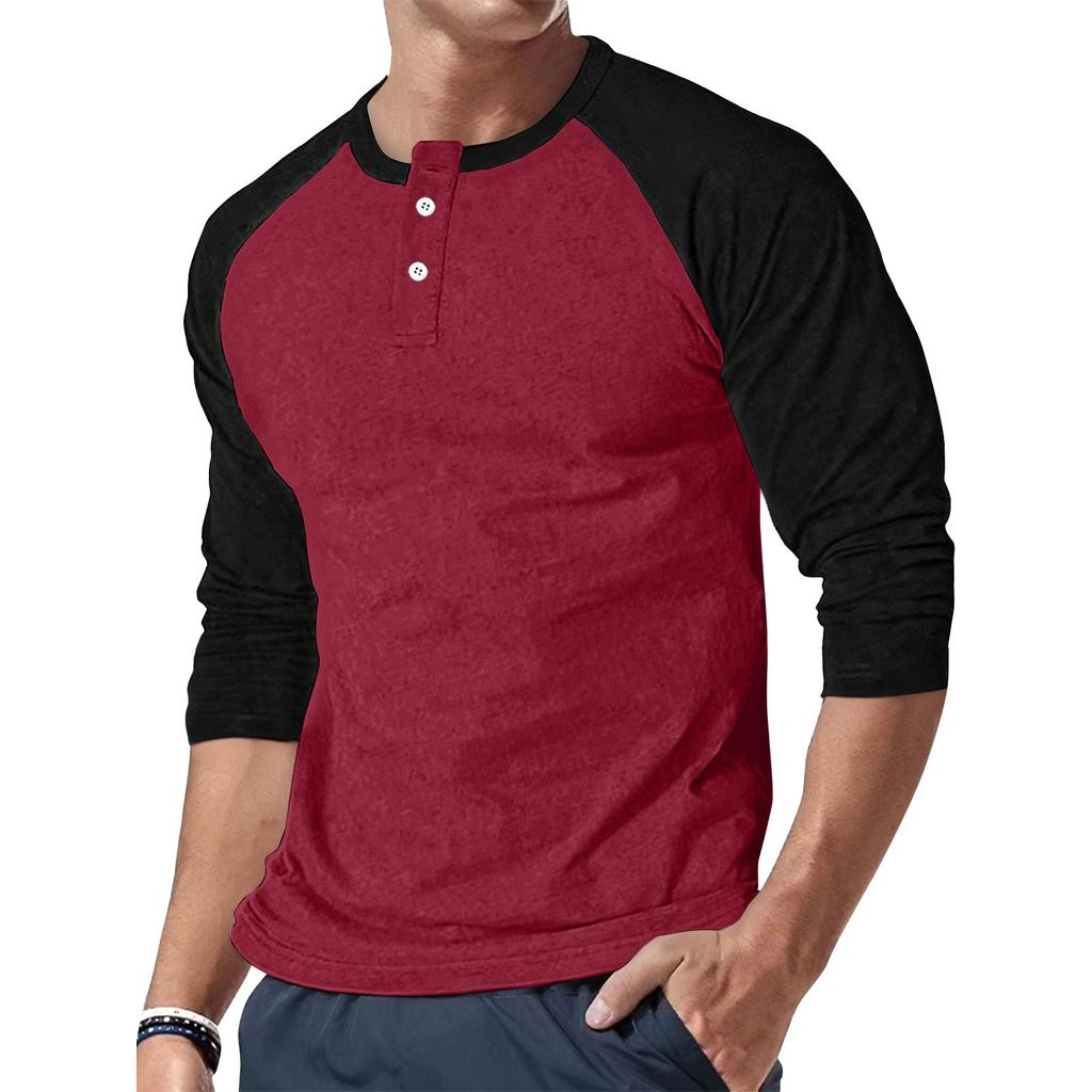 Men's Casual Button-neck Two-tone Shoulder Long Sleeve Top