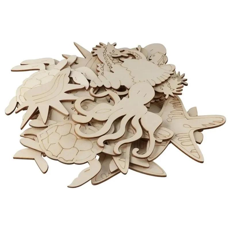 10pcs/lot 9-9.5cm Ocean Animal Unfinished Wood DIY Crafts,Sea Animal Wood Slices Whale Dolphin Seahorse Fish Wooden Painting