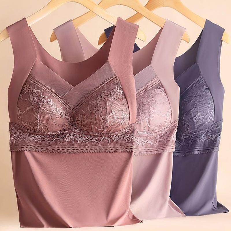 Women's Winter Warm Lace Velvet Thermal Vest Embroidered Fixed One-Cup Slim Bottoming Thickened Underwear