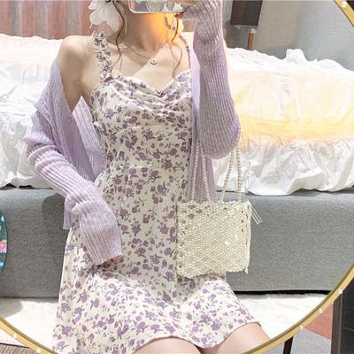 Women's Elegant Mini Floral Dress Summer Sweet Slim Purple Suspender Dresses