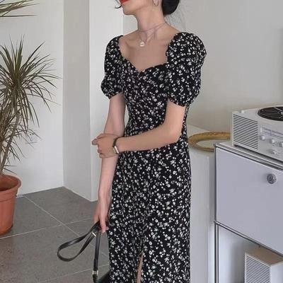 2025 Summer Black Floral Square Neck Slit Dress
