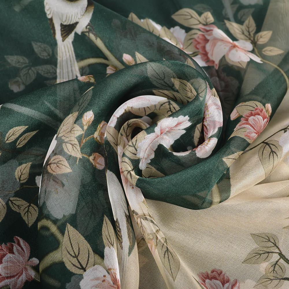 [BYSIFA] Green Beige 100% Mulberry Silk Scarf Cape Summer Floral Design Chiffon Long Scarves Beach Shawl Ladies Scarves Echarpes