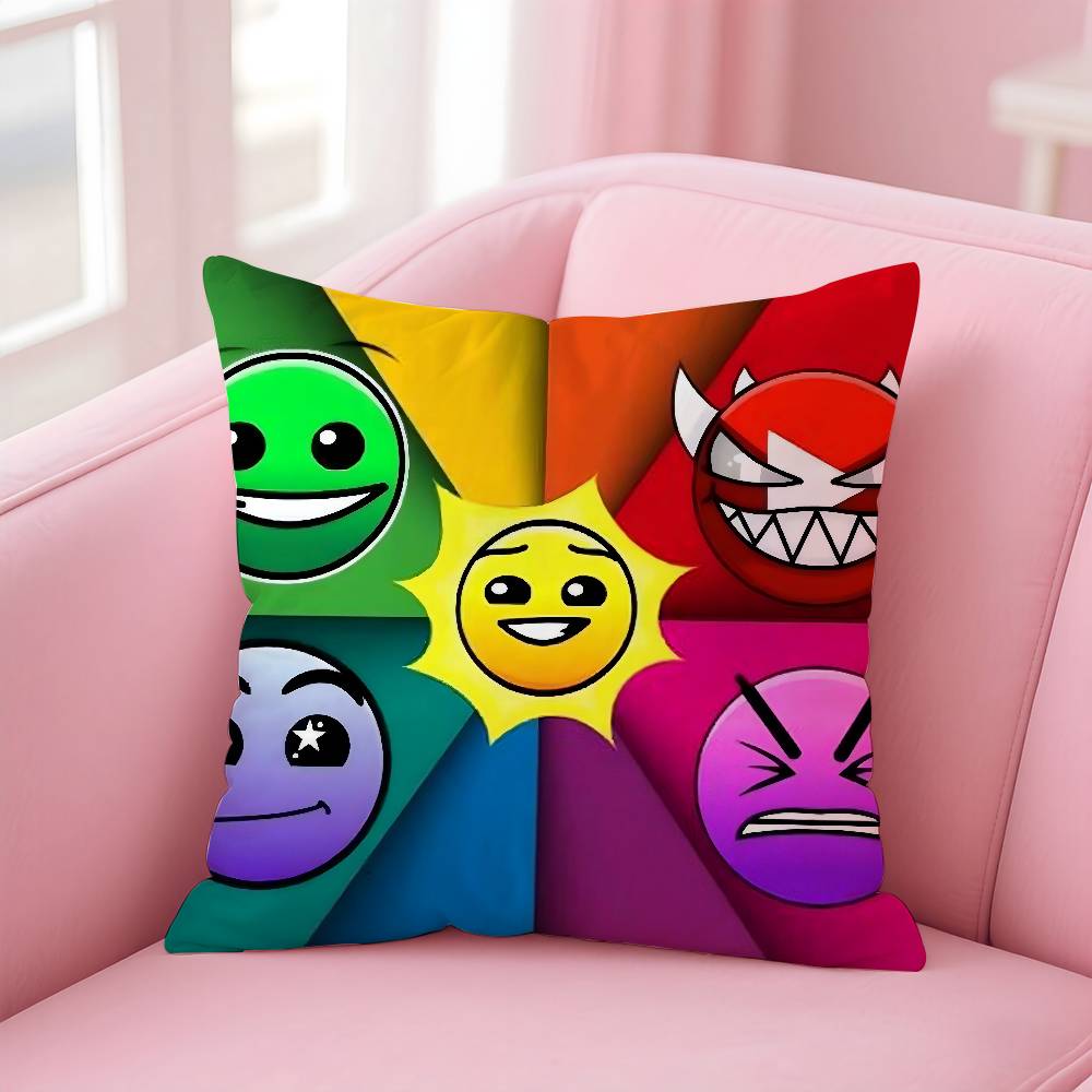 Anime Happy Cartoon Geometry Dash Video Game Pillow Case Anti-Dustmite Pillowcase Invisible Zipper Silky Short Plush Sofa Cushio