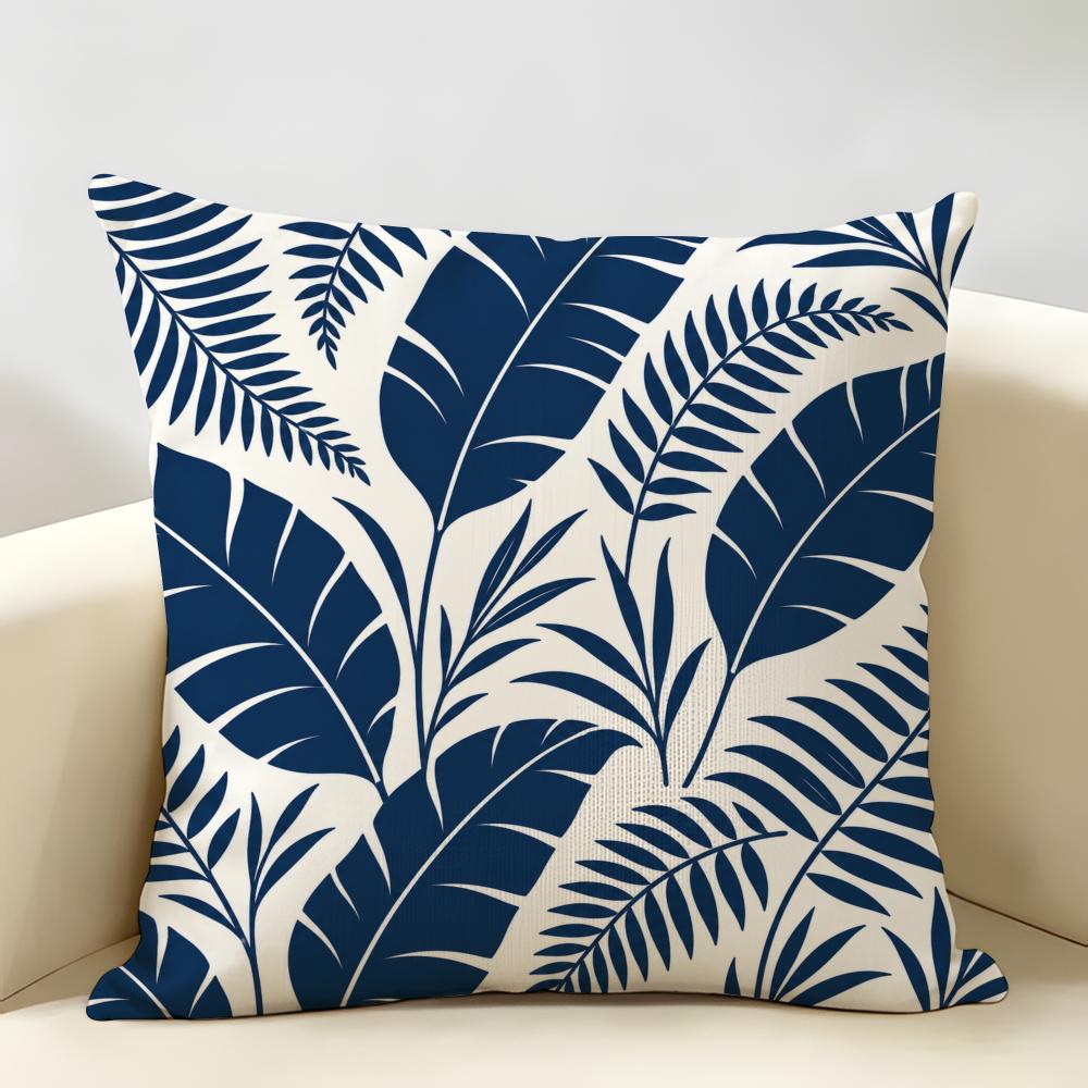 Blue Navy Tropical Silhouette Leaf Cushion Cover Durable Hypoallergenic Organic Linen Short Pillow Cover Washable