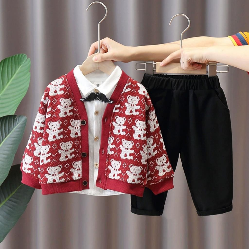 Spring and Autumn Suits 1-3 Years Old Children's Autumn Clothes Handsome Shirt + Cardigan + Pants Three-piece Suit