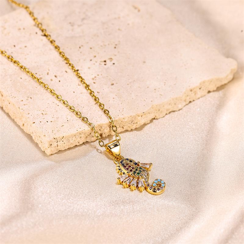 18k Gold Seahorse Pendant Necklace with Colorful Zircons - Women's Cute Animal Clavicle Chain