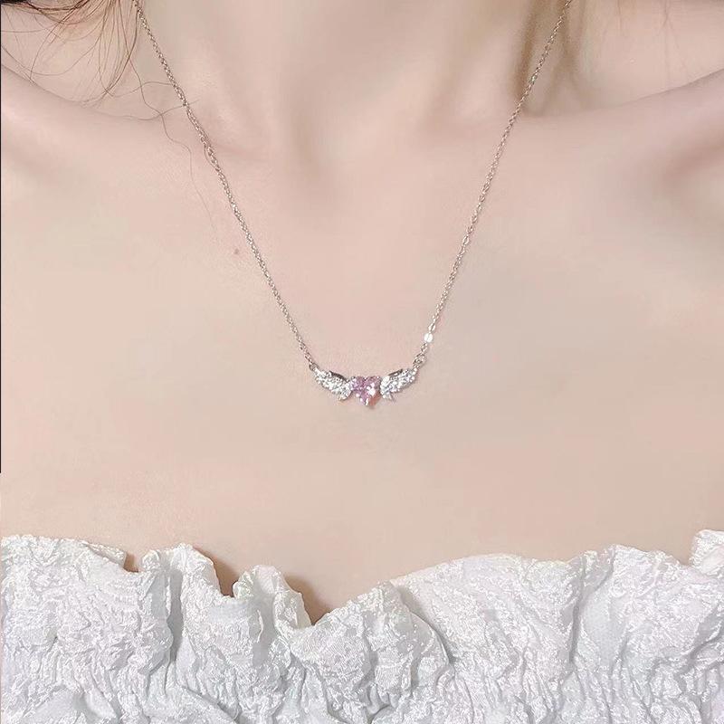 925 Silver Wings Heart Pendant Necklace for Women , Crystal Decorated Angel Wing Love Necklace , Fashion Daily Wear Jewe