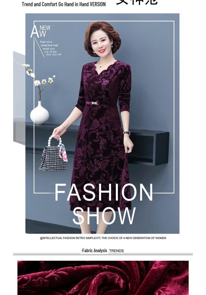 Abito da Donna 2026 Primavera con Rilievo e Scollo a V per Donne di Mezza Età e Anziane - Elegante, alla Moda, Manica Lunga, Gonna ad Ampio Orlo