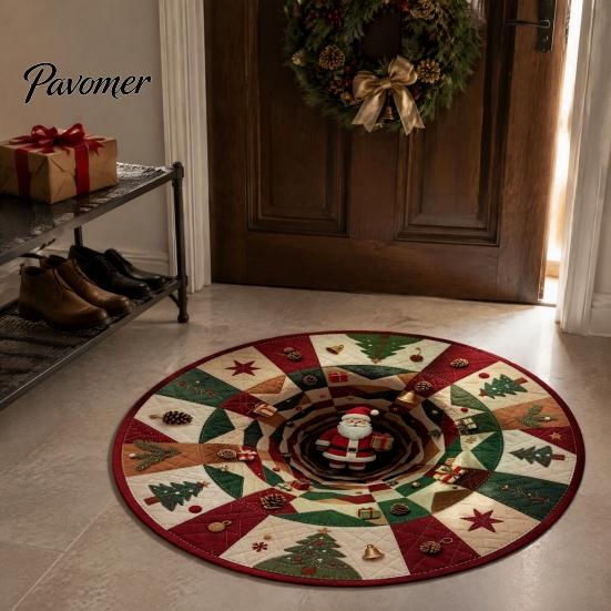 Unique Seasonal Gift Rugs Christmas Round Area Rug, 3D Visual Trap Floor Mat with Santa Elk Print, Soft Crystal Velvet Carpets Non-Slip Stain