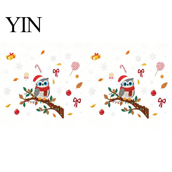 Festive Home Beautification Supplies Cute Christmas Owl Window Sticker, Snowy Branch Candy Glass Decal, Waterproof Self Adhesive Seasonal Wall