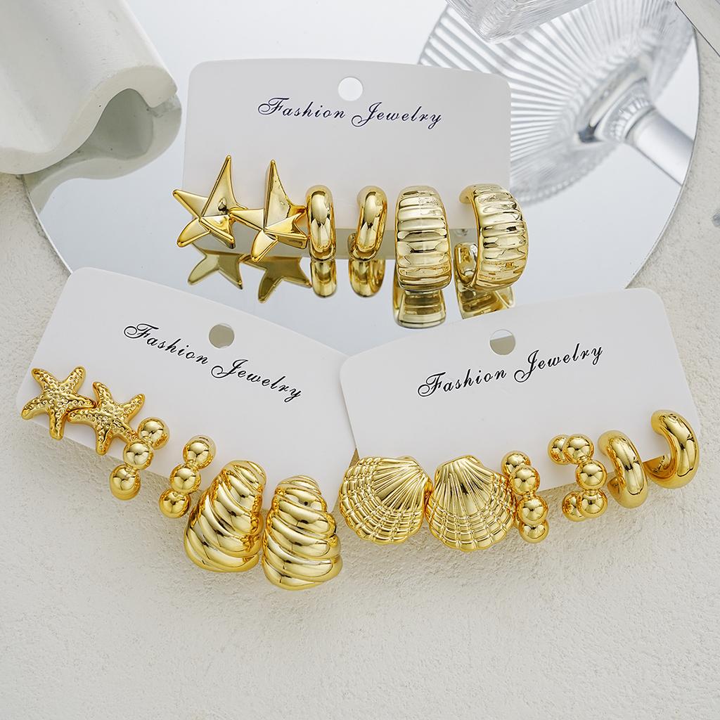 9Pairs Vintage Gold Color Earrings Set For Women Fashion Starfish Shell Hoop Stud Earrings Beach Party Daily Wear Jewelry Gifts