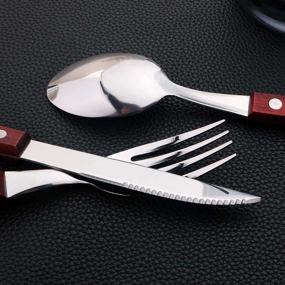 24Pcs 304 Stainless Steel Tableware Set Wood Handle Dinnerware Sets Silverware Steak Knife Fork Spoon Cutlery Kitchen