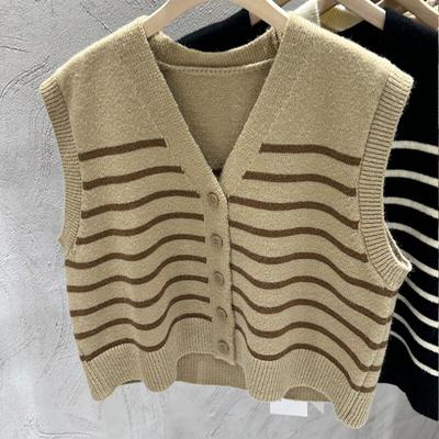 Koreanischen Stil V-ausschnitt Gestreifte Gestrickte Weste Mode Taste Ärmellose Weste Strickjacke Herbst Winter Einreiher Schlank Tops 29055