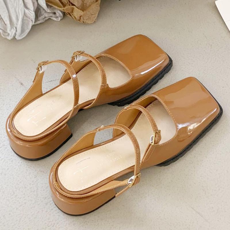 Fashion Retro Square Toe Belt Buckle Women Sandals Fashion Narrow Strap Square Heel Mary Jane Shoes Comfort Patent Leather Designer Shoe