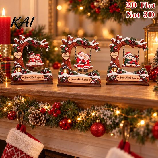 Festive Tabletop Display Wooden Christmas Swing Ornament, Cute Santa Claus Reindeer Penguin 2D Winter Theme Home Accents Flat Decoration for