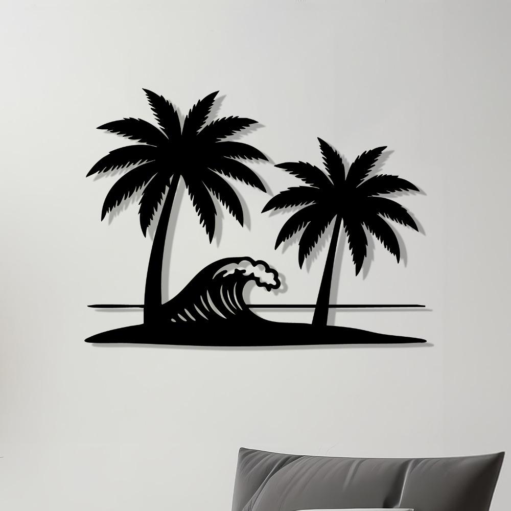 1pc Palm Tree Wave Metal Wall Art, Tropical Coastal Iron Statue for Outdoor Patio Garden Fence, Beach Theme Summer Vacation Decor, Weather Resistant