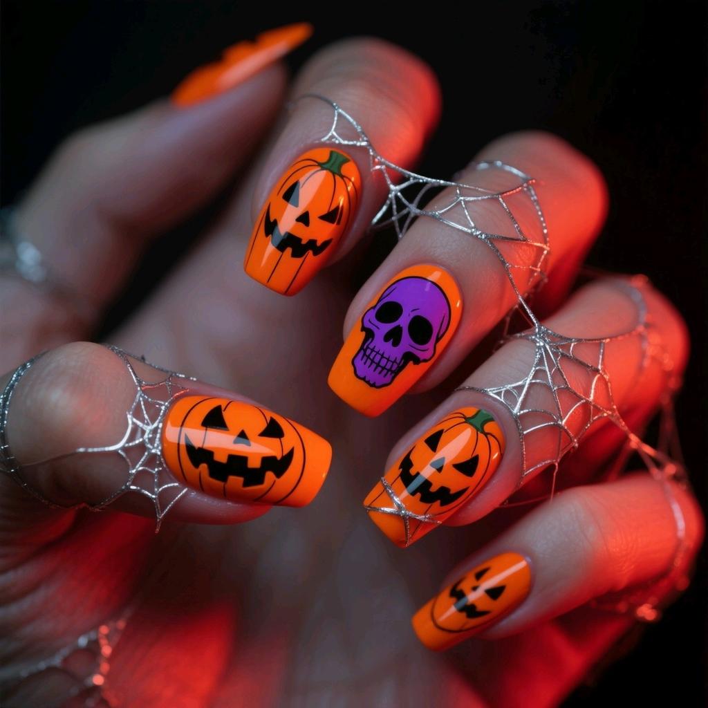 Halloween Funny Pumpkin Skull Fake Nail Patches Long Water Pipe Manicure Patches