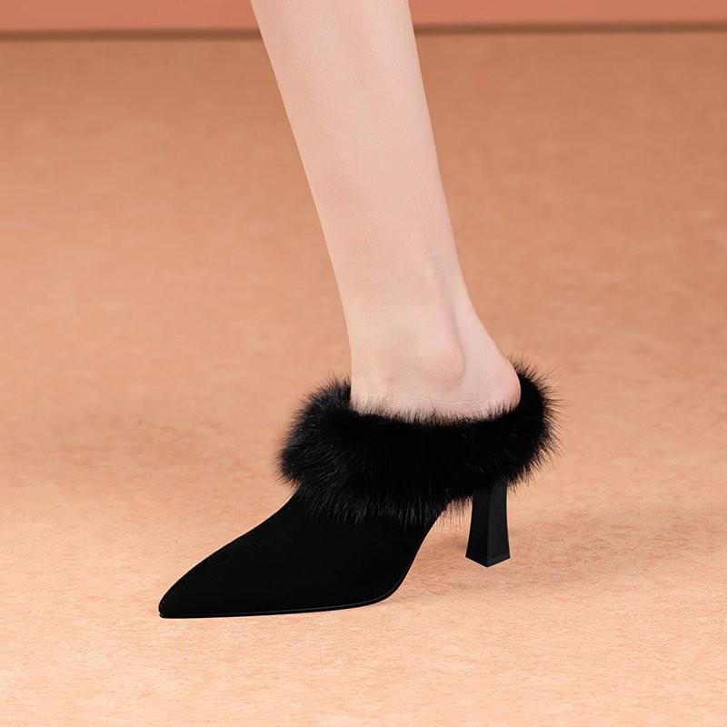 Baotou Slippers Autumn New Pointed Toe Deep Mouth Plush Block Heel Pumps