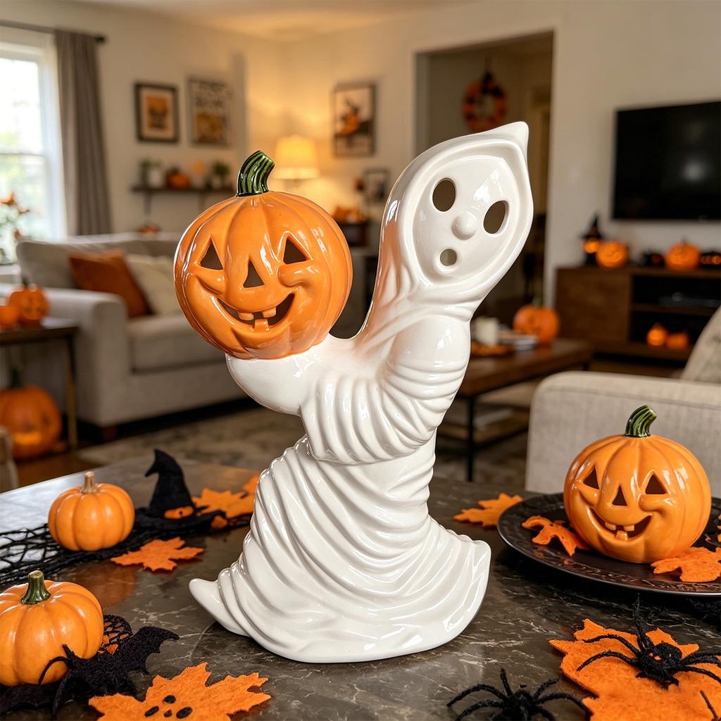 Vintage Ghost Holding Pumpkin Figurine with Warm White Light Bulb Small Night Light Halloween Decoration Indoor Use