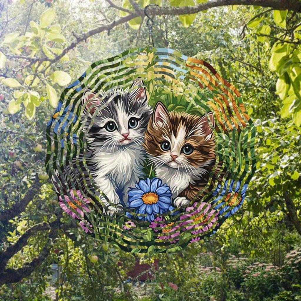 Verspieltes Kätzchen Windspiel Außengartendekor 2D Kinetische Anhänger Lebhaft Bunt Langlebiges Metall Hängend Drehend Geschenk für Frauen Mütter