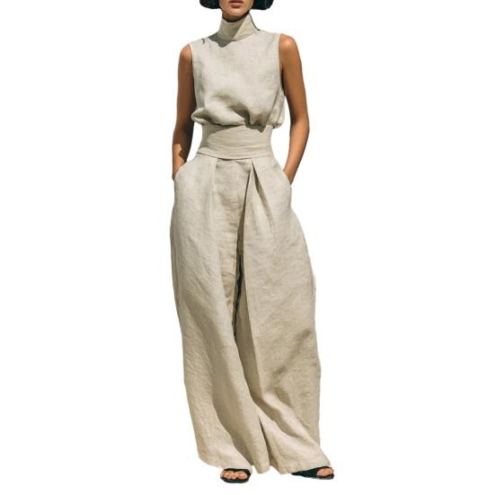 

Women s Faux Linen Summer 2 Piece Outfit Sleeveless Stand Collar Top And Wide Leg Pants Matching Lounge Set with L абрикосовый