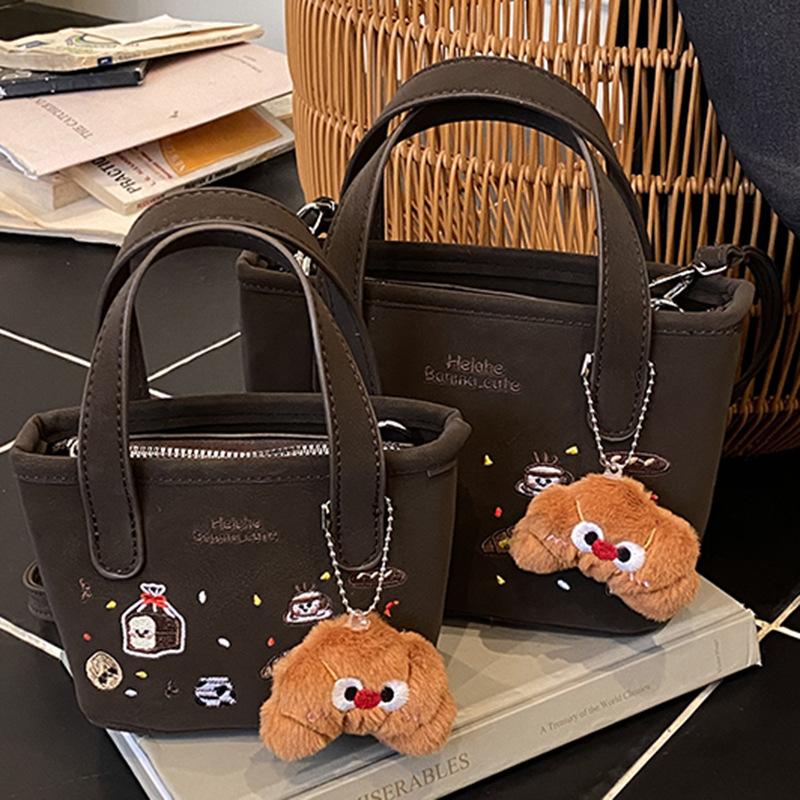 Cute Cartoon Embroidery PU Leather Women's Shoulder Bags Retro Versatile Ladies Crossbody Bag Casual Solid Color Female Handbag