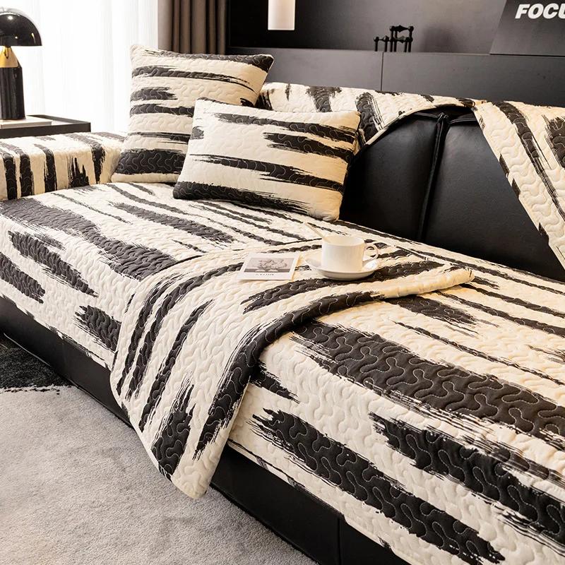 American Black White Striped Sofa Mat Four Seasons Luxury Sofas Towel Pillowcase Anti Slip Wear-resistant Pure Cotton Sofa Cover