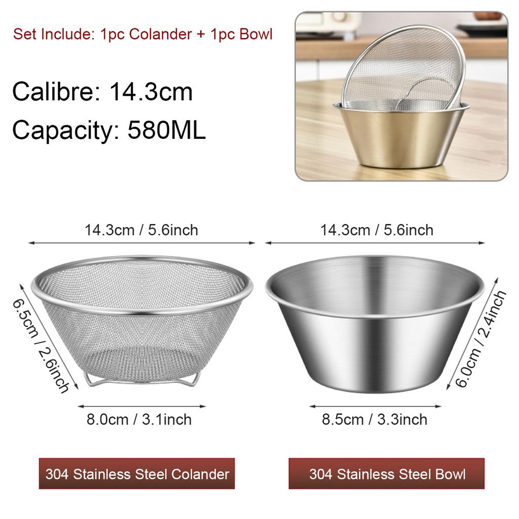 2 Pcs Mini Colander & Food Strainer, 304 Stainless Steel Small Mixing Colanders Bowl, 5.51 x 2.36 Inches