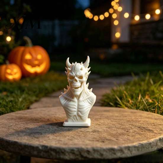Spooky Theme Room Decoration 3D Printed Demon Skull Bust Statue, Gothic Horned Skeleton Personalized Gift for Him Figurine, Mini Desktop Ornament