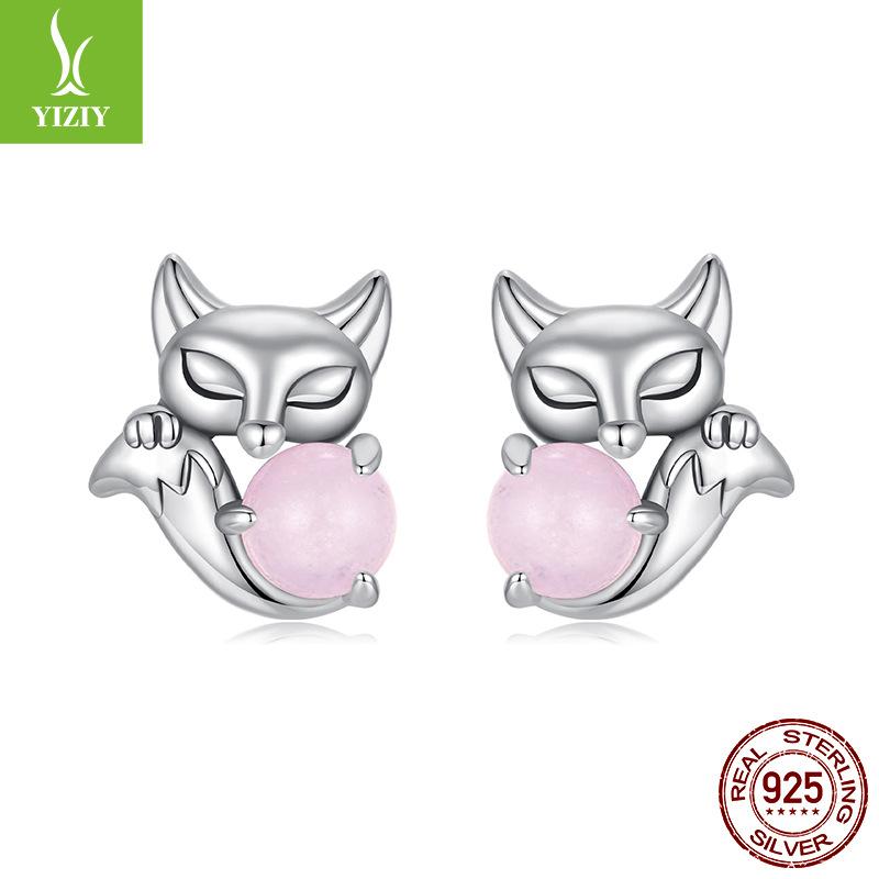 S925 Sterling Silver Pink Fox Stud Earrings, Exquisite And Small Animal Stud Earrings For Women