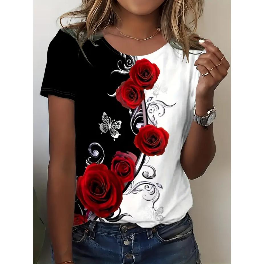 Retro Rose Print Round Neck Short Sleeved T-shirt for Women Breathable Polyester Stretch Comfortable for Everyday