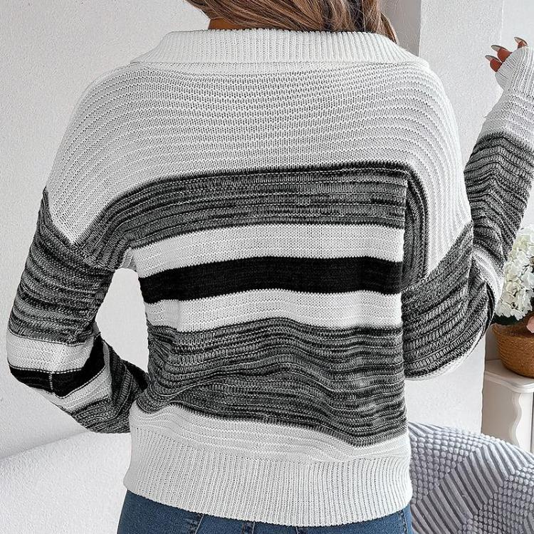 Women Casual Knit Pullover Sweater Polo Collar Long Sleeve Contrast Stripe Autumn Winter
