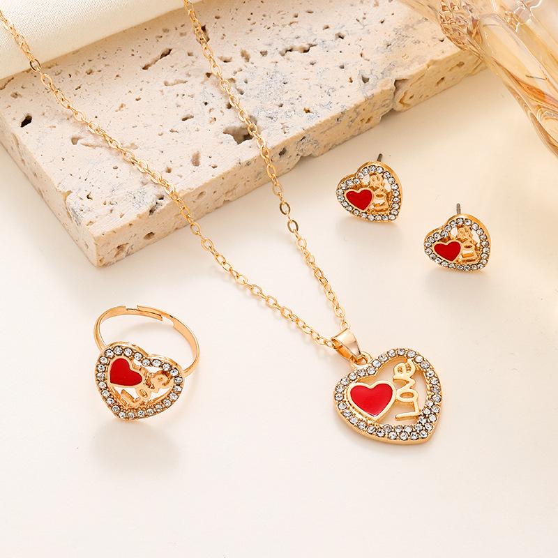 ins Love Jewelry Set Fashion Diamond LOVE Letter Peach Heart Necklace Earrings Ring 3-piece Set