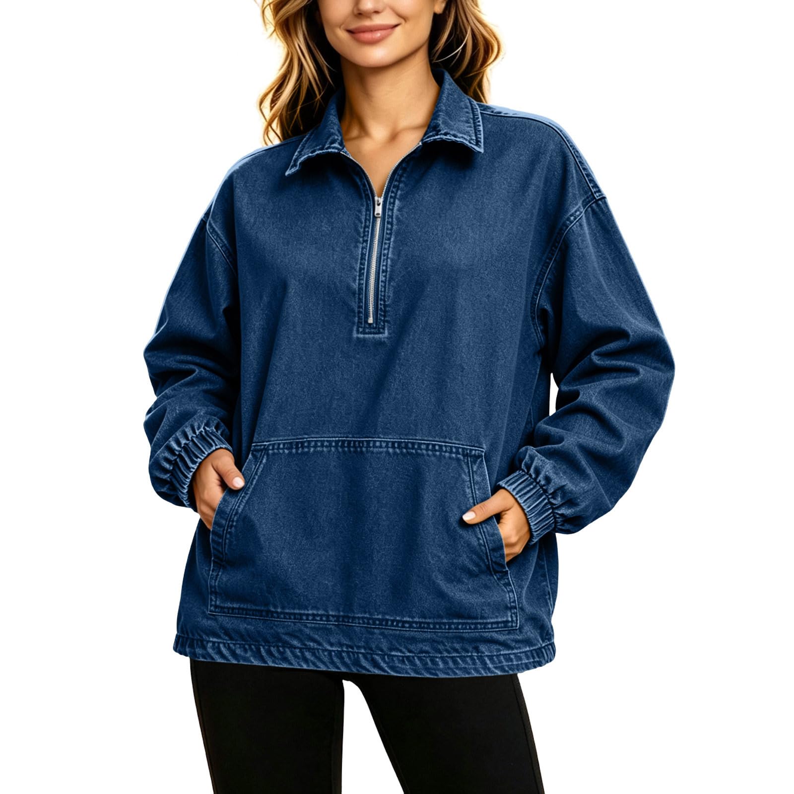 Damen Lässige Jeansjacke Lockere Passform Halber Reißverschluss Stehkragen mit Taschen L dunkelblaue