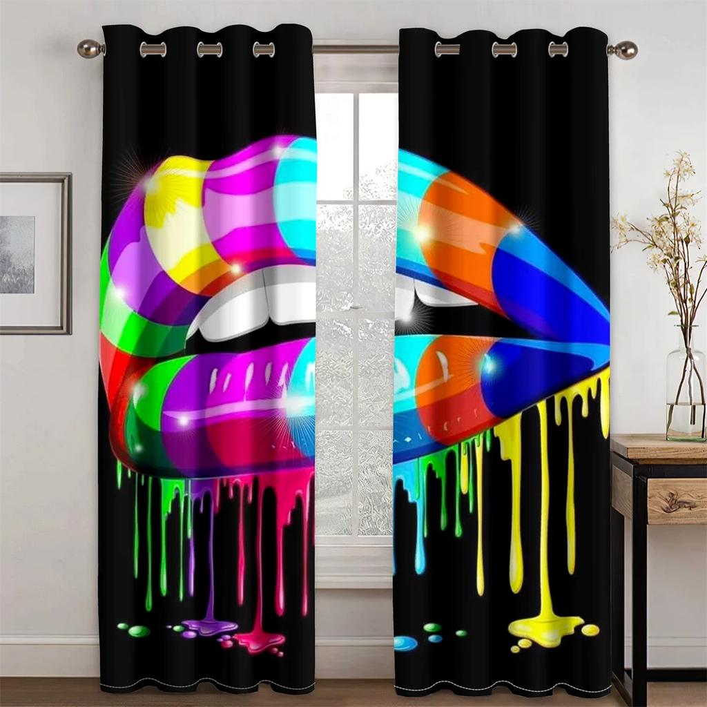 Sexy Rainbow Abstract Art Mouth Girl Light Filtering Drapes, Window Curtains for Living Room, Bedroom Decor, 2 Pieces