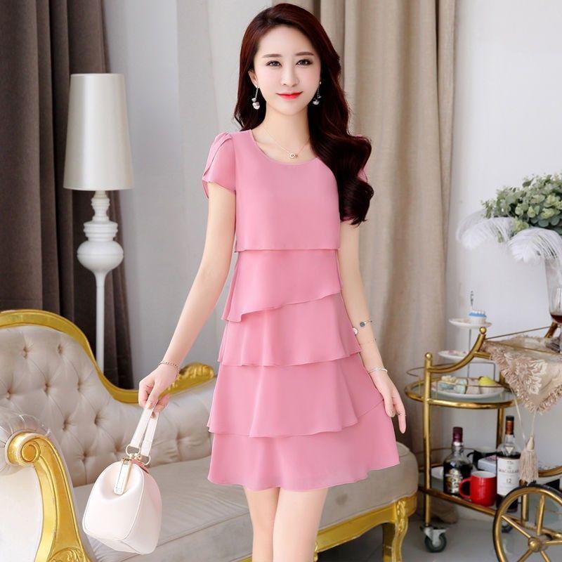 Rochie midi din șifon de damă, culoare uni, cu gât rotund, cu mâneci scurte, cu mai multe camere, rochii pentru tort