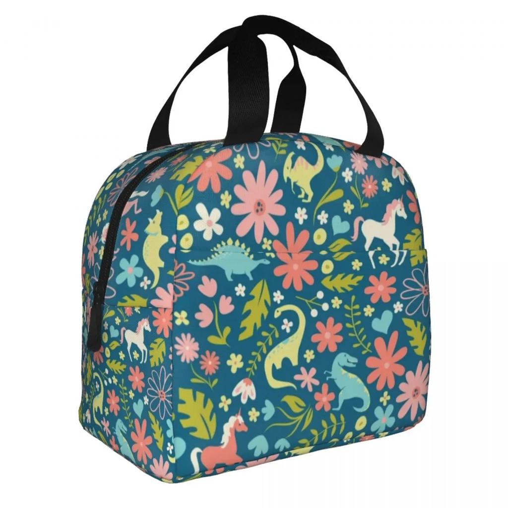 Cartoon Dinosaur Print Thermal Insulated Lunch Bag Women Portable Lunch Tote for Outdoor Camping Travel Multifunction Food Box