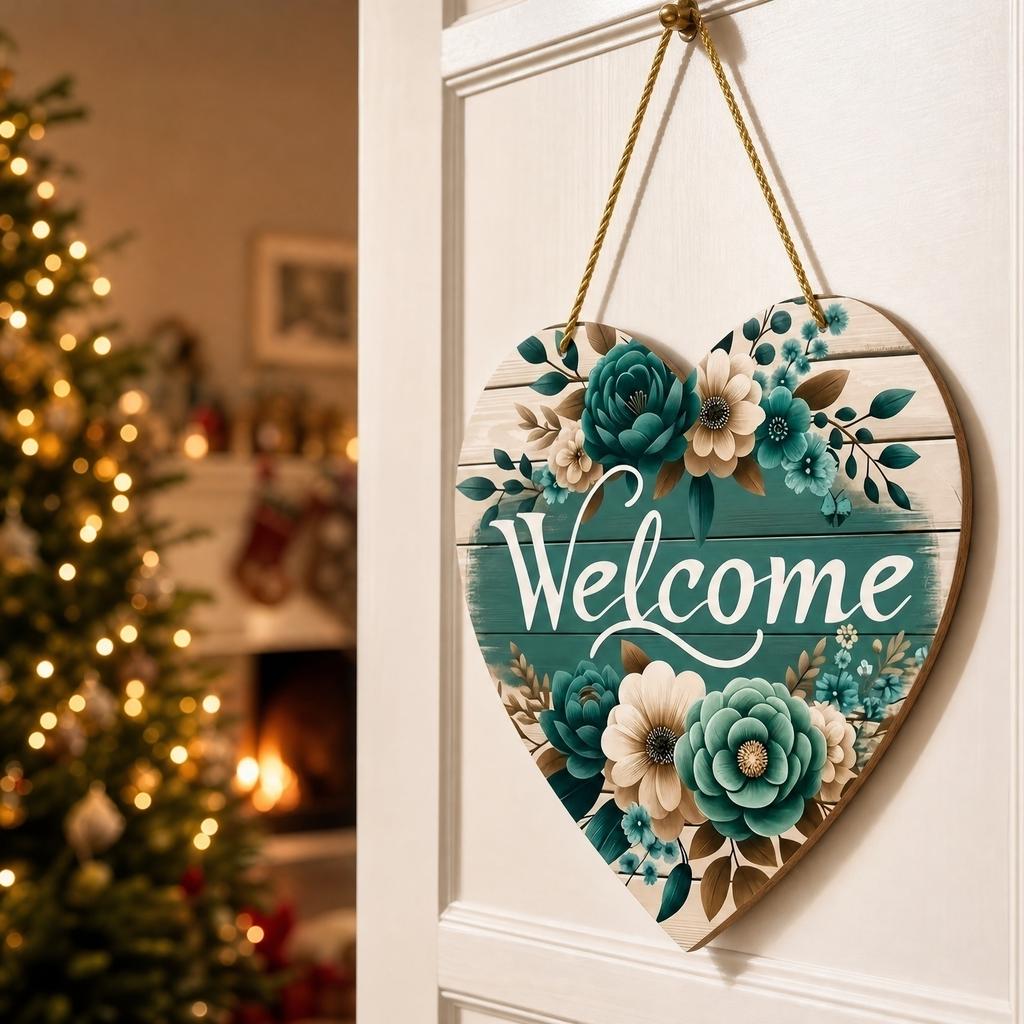 Christmas Wreath Welcome Sign, Round Door Hanger Decoration, Holiday Party Decor for Front Door or Wall, Rustic