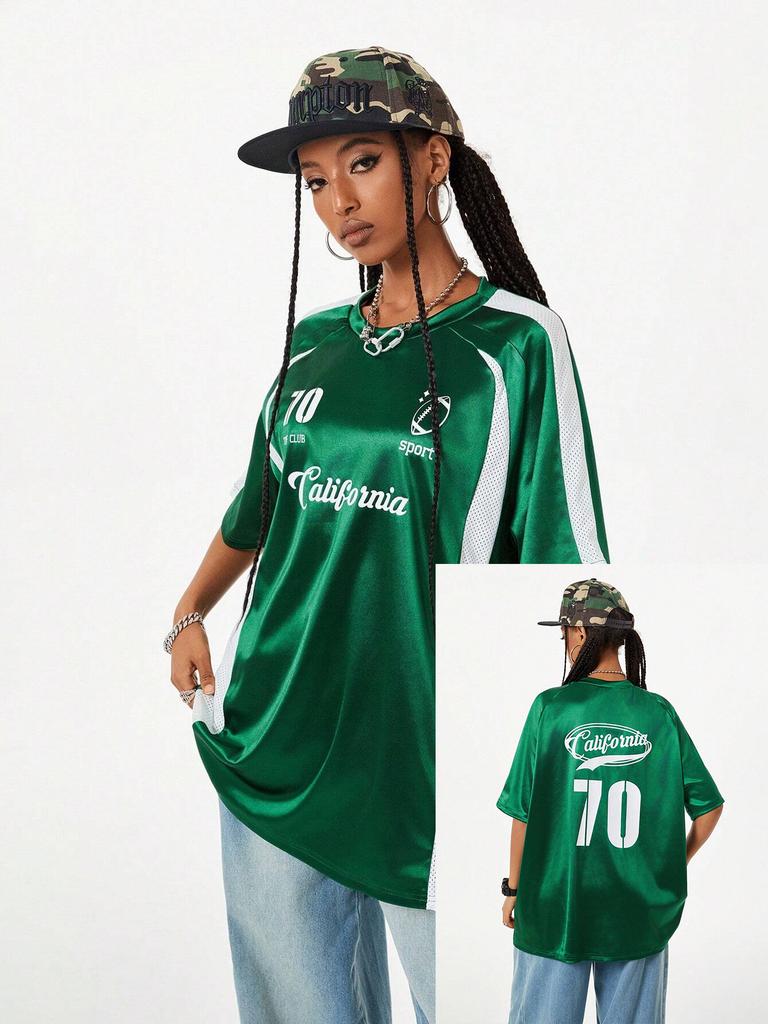 Summer Pink Retro Patchwork Jersey T-shirt, Sports Breathable Short Sleeve Crew Neck Women's T-shirt