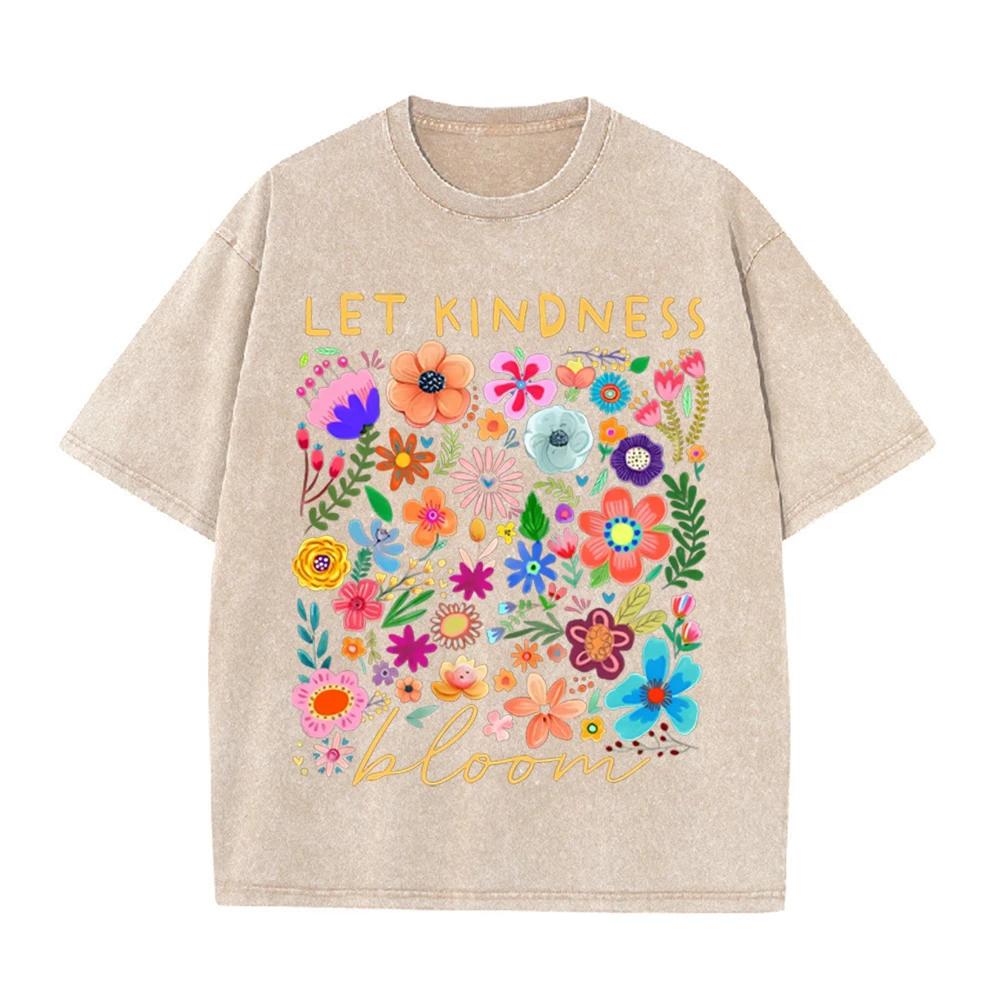 2026 Boho Spring Floral Tee Colorful Flower Illustration Letter Print Casual Comfortable Oversized Tshirt Soft Crew Neck Daily
