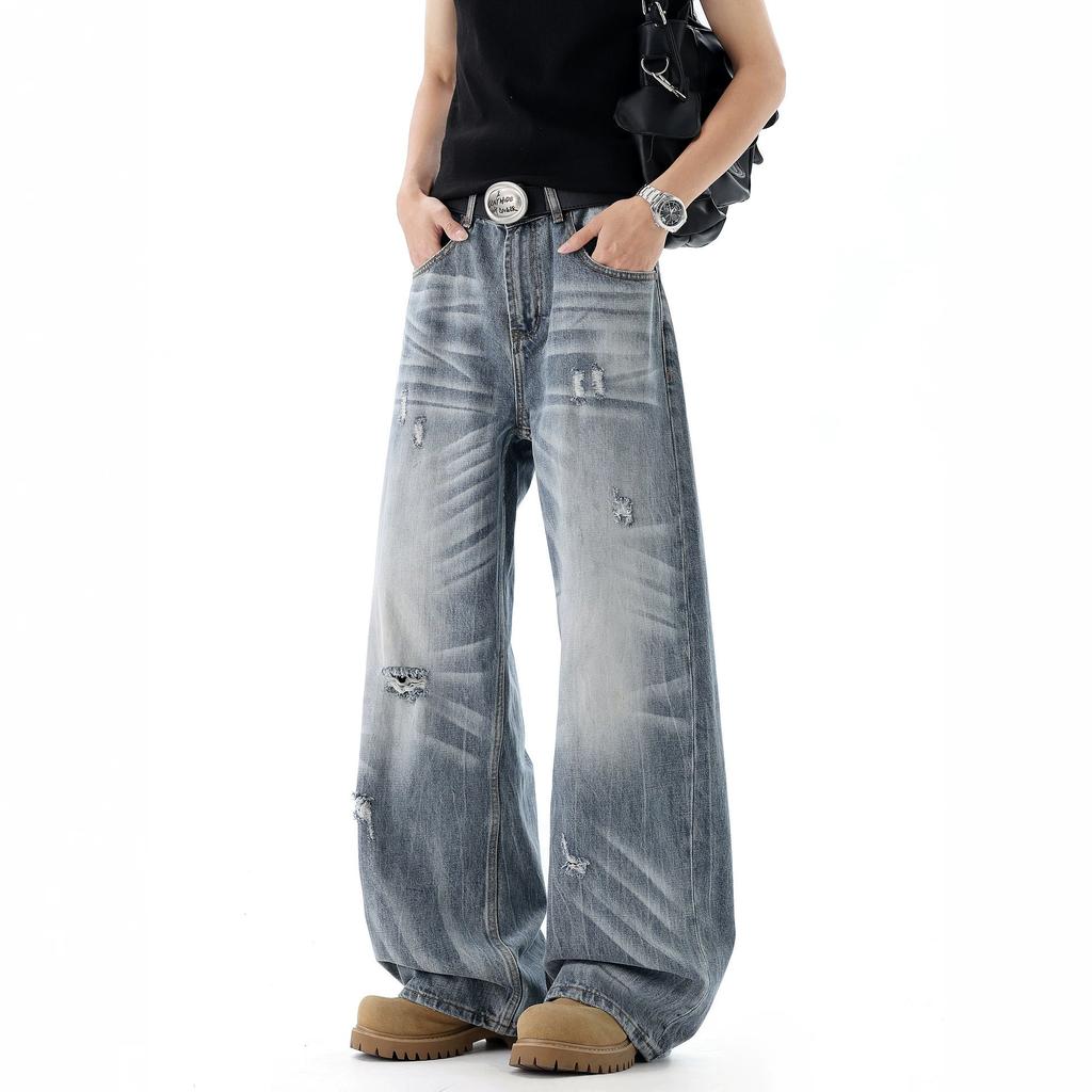 Trendy brand American ripped washed scimitar jeans men's and women's summer retro street loose and versatile wide-leg trousers