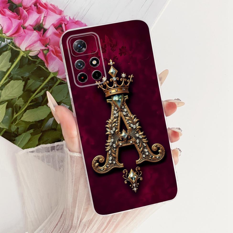 For Xiaomi Poco M4 Pro 5G Case Transparent Luxury Crown A-Z Letters 2D Flat Pattern Soft Phone Case 21091116AG MZB0BGVIN