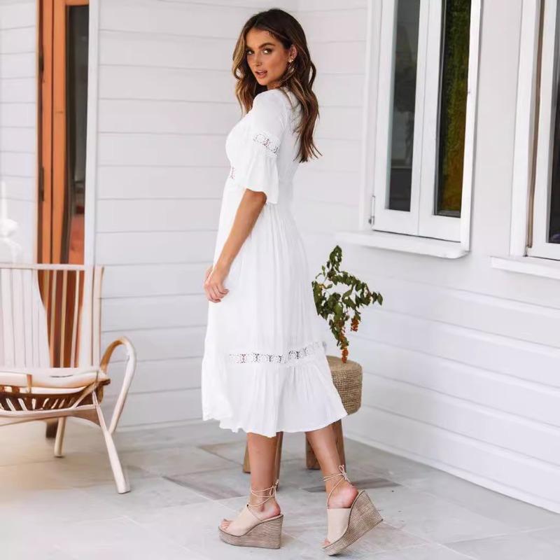 Weißes Damenkleid Sommer V-Spitze Ausgestellte Ärmel Elegant A-Linie Kurze Kleider für Damen Mode Lässig Locker Urlaub Strand Büro Damenkleid